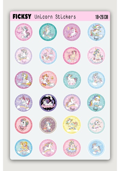 Unicorn Tek Boynuzlu At Sticker Seti - 24 Adet Yuvarlak Etiket Çıkartma Diğer