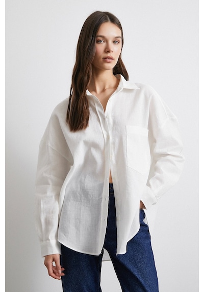 Never More Cepli Oversize Keten Gömlek Ekru Ekru
