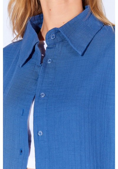 Manche İndigo Kolları Salaş Yıkamalı Müslin Oversize Rahat Kalıp Kadın Basic Gömlek Mks166881-01 Manche İndigo Kolları Salaş Yıkamalı Müslin Oversize Rahat Kalıp Kadın Basic Gömlek Mks166881-01