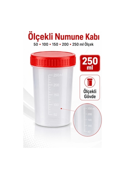 Numune Kabı Ölçekli Şeffaf Gövdeli Kırmızı Vidalı Kapaklı 250 Ml 5 Adet