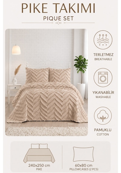 Krem Çift Kişilik Bohem Pike Takımı Mevsimlik 240x250 Yatak Örtüsü Seti Lissia