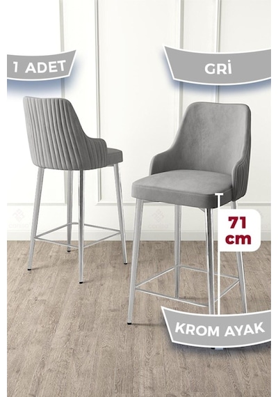 Canisa Enox Serisi 1 Adet Gri Mutfak Bar Sandalyesi Babyface Kumaş Krom Kaplama Metal Ayak Sandalyeler Gri Ayaklar Krom
