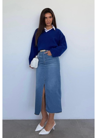 Madmext Saks V Yaka Triko Kadın Kazak Mg2501 Saks