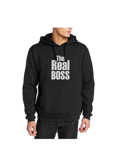 The Real Boss Baskılı Siyah Erkek Örme Kapşonlu Sweatshirt