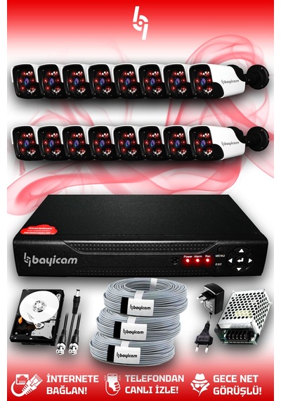 Bayicam 16 Kameralı Panda 16 Dış Kamera Set 250 GB HDD Full HD Gece Görüşlü Güvenlik Kamerası Sistemi