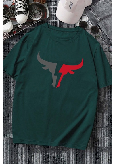 Erkek Boğa Silüet Baskılı Oversize Tshirt Yeşil