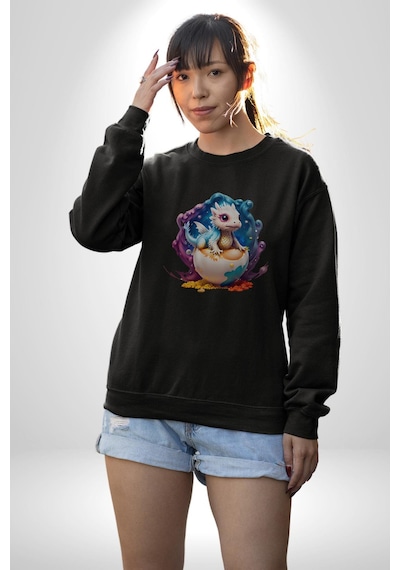 Sevimli Bebek Ejderha Elmas Yumurta Unisex Siyah Baskılı Sweatshirt Siyah