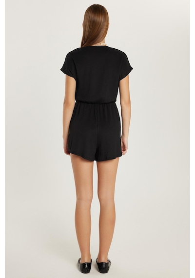 Tudors Kadın Regular Fit Kısa Kollu V Yaka Siyah Tulum-34825 Siyah