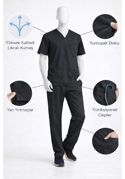 Likralı Hemşire Doktor Forması Premium Belinda Soft Kumaş Scrubs Hastane Üniforması Cerrahi Takım Siyah