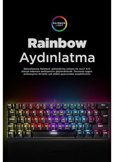 Ally K11 Mekanik Oyuncu Klavyesi, Red Switch, 12 Işık Modlu, Antighosting, Bilek Destekli, Siyah