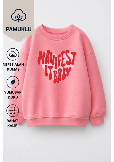 Monila Kız Çocuk 3 İplik Kumaş Baskılı Pamuklu Sweatshirt Pembe