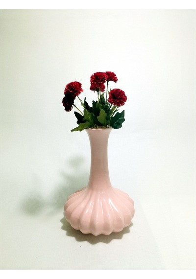 32 Cm Tırıklı Seramik Pembe Karanfilli Vazo