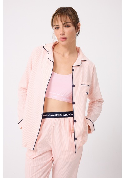 Lespadon Marısılk Seastrıpe Premium Dokuma Uzun Kollu Uzun Pantolonlu Kadın Pijama & Lounge Takımı-3211 Pembe