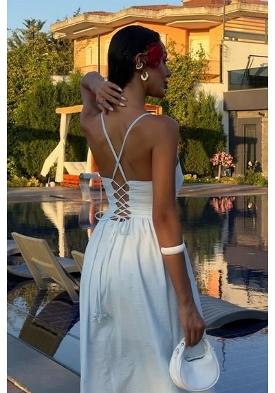 Defymoda Sırtı Çapraz İpli Boncuk Detaylı Elbise 2902-08 Mavi