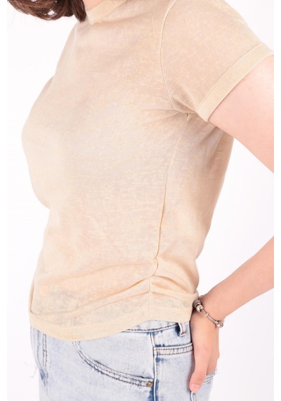 Busem S0016230 Kadın Flamlı İnce T-shirt Bej