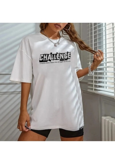Unisex Beyaz Pamuklu Rahat Kesim Oversize T-shirt Challenge Baskılı Beyaz