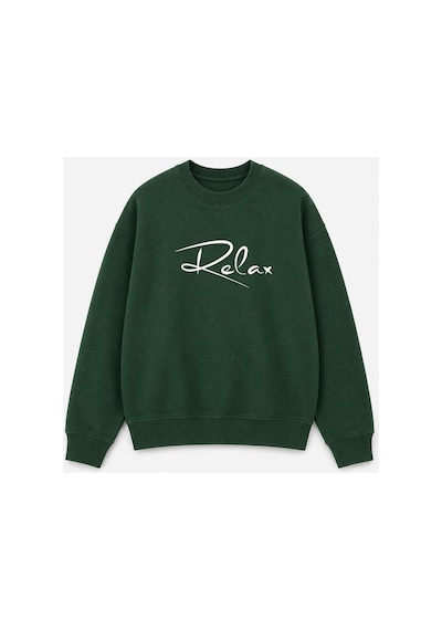 Herkesemoda Relax Yazılı Baskı Detaylı Şardonlu 2 İplik Bisiklet Yaka Sweatshirt Yeşil