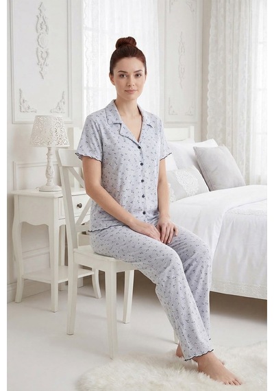 Cottonhill Gri Çiçek Desenli Pointel Gömlek Yaka Kadın Pijama Takımı Okyanus