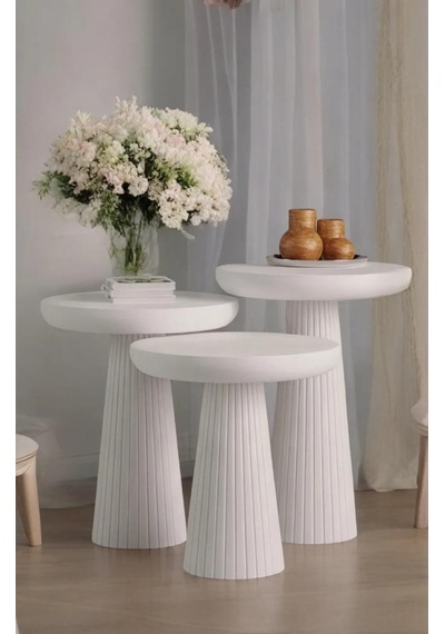 Wood Ahşap Beyaz Renk 3 Lü Set Mantar Yan Sehpa Fiskos Çiçeklik Decorative Beyaz