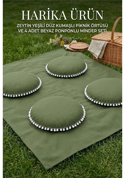 Zeytin Yeşili Haki Ponponlu Piknik Örtüsü Ve 4 Adet Minder Seti Bahçe Ve Kamp Örtüsü Düz Renk Şık Set Çok Renkli Zeytin Yeşili Haki Ponponlu Piknik Örtüsü Ve 4 Adet Minder Seti Bahçe Ve Kamp Örtüsü Düz Renk Şık Set Çok Renkli