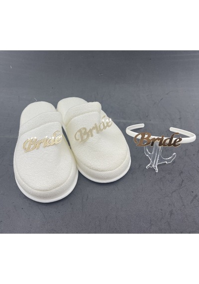 Gold Renk Detaylı Tüysüz Taç Terlik Set Model