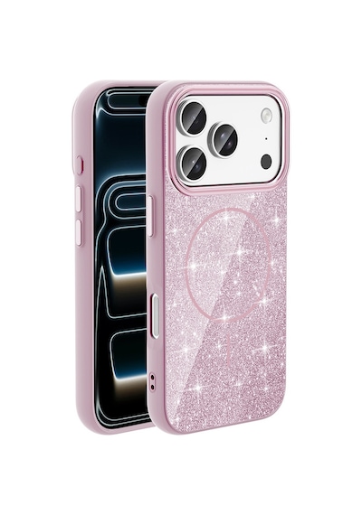 Apple Uyumlu iPhone 17 Pro Kılıf Kablosuz Şarj Özellikli Parlayan Simli Okso Kapak Pembe