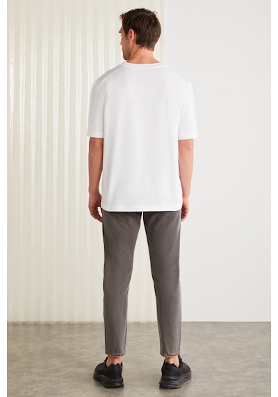 Grimelange Clıent Erkek %100 Organik Pamuklu Regular Fit Baskı Detaylı Bisiklet Yaka Örme Beyaz T-shirt