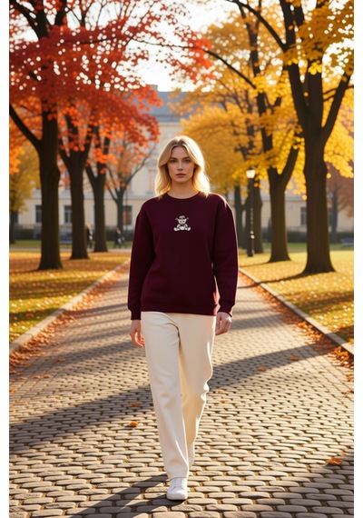 Benerly Kadın Bisiklet Yaka Düşük Kol Nakışlı Regular Kalıp Sweatshirt Fo Bordo