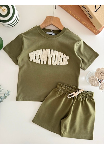 Magu Erkek Çocuk Pamuklu Yeşil New York Yazı Aplikeli T-shirt Şort Takım