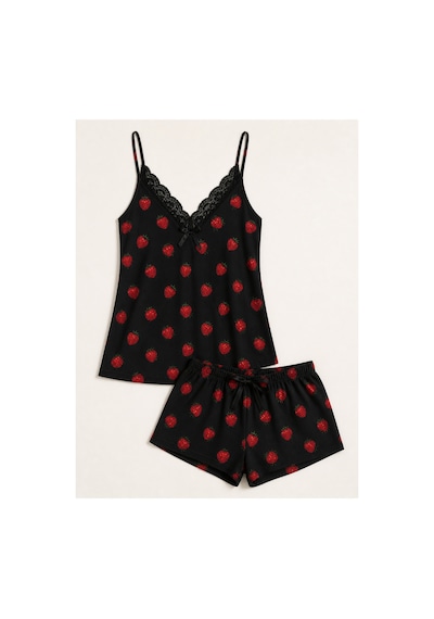 Bravie Kadın Büyük Beden İp Askılı Yakası Dantelli Siyah Çilekli Yazlık Pijama Takımı Kırmızı