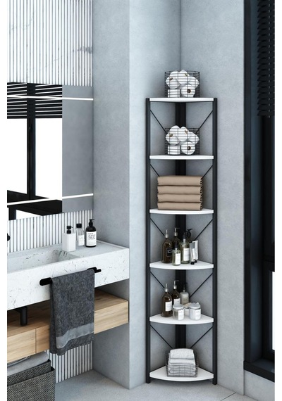 Datça 6 Raflı Metal Köşe Kitaplık Rafı Dekoratif Aksesuar Rafı 180 Cm Beyaz Beyaz