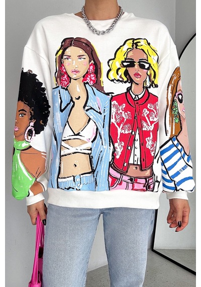 Femelle Kadın Beyaz 3 İplik Şardonlu Baskılı Oversize Pamuk Sweatshirt