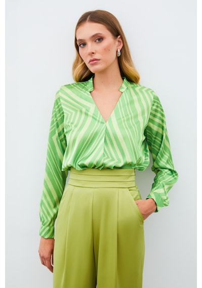 Sateen Kruvaze Desenli Bluz - Yeşil-134990 Yeşil Sateen Kruvaze Desenli Bluz - Yeşil-134990 Yeşil