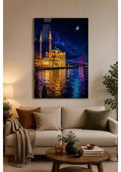 Ortaköy Camii Baskılı Cam Tablo Gece Boğaz Manzaralı Duvar Dekoru