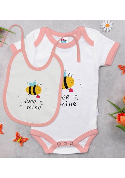 Bk Kids Bee Mine Tasarımlı Pembe Bebek Body Zıbın Ve Mama Önlüğü Çok Renkli
