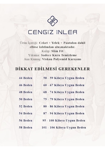 Cengiz İnler Desenli Kırlangıç Yaka Yelekli Erkek Takım Elbise