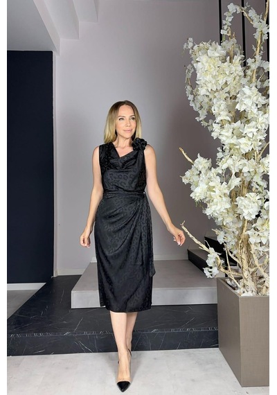 Ges Moda G1012 Çiçek Detaylı Saten Abiye Elbise - Siyah-siyah Siyah