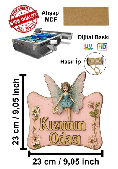 Kızımın Odası Yazılı Melek Tasarımlı Ahşap Mdf Kapı Süsü - Uv Hd Baskılı Eskitme Açık Pembe