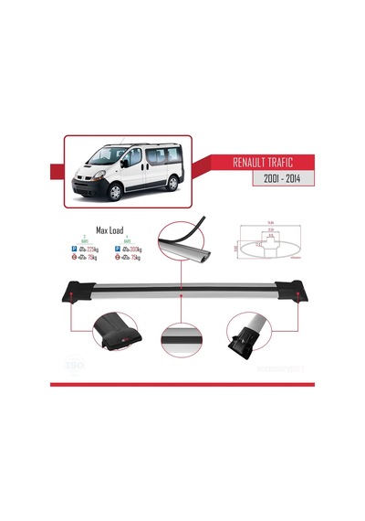 Renault Trafic 2001-2014 Arası İle Uyumlu Fly Model Ara Atkı Tavan Barı Gri 3 Adet Bar