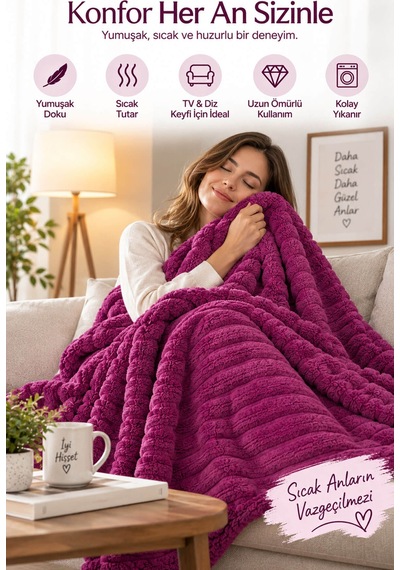 Tek Kişilik Peluş Tv Diz Battaniyesi 100x175 Cm Mor