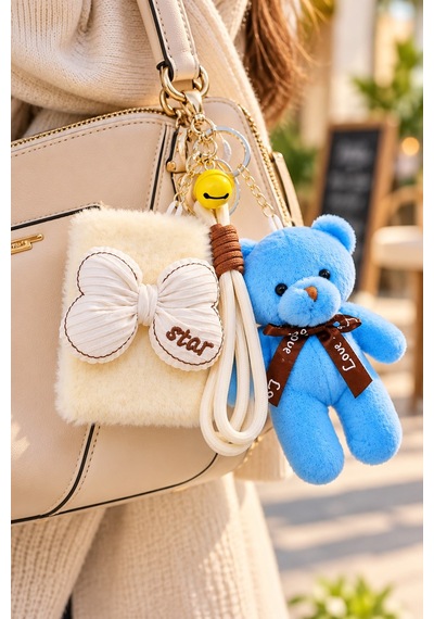 Peluş Fiyonk Detaylı Cep Aynası Anahtarlık Ve Peluş Ayıcık Set Kawaii Çanta Charmı Makyaj Aynası-b Çok Renkli