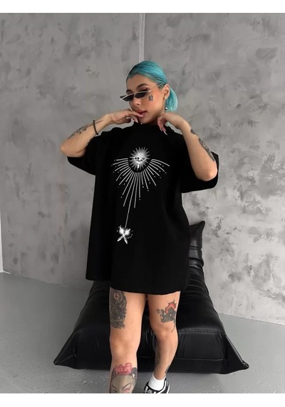 Baskılı Unisex Günlük Stil Siyah Sokak Kültürü Yazı Oversize Tişö