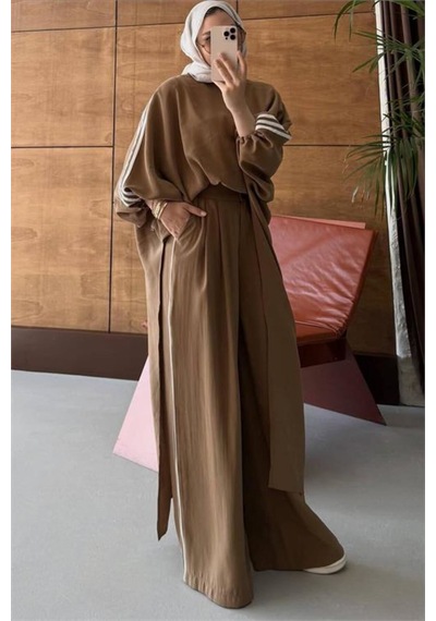 Neşeli Butik Kadın Camel Şerit Detaylı Oversize Tunik Pantolon İkili Tesettür Takım Nms102