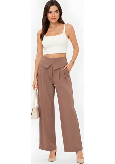 Lili Woman Kadın Drapeli Yüksek Bel Wide Leg Pantolon Kahve 51296