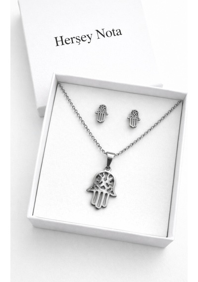 Paslanmaz Çelik Hamsa El Kolye Küpe Seti Gümüş Renk Unisex Takı Altın - Gümüş