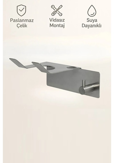 Paslanmaz Çelik Yapışkanlı Fön Makinesi Askılığı Delmeden Montaj Neme Dayanıklı Metal