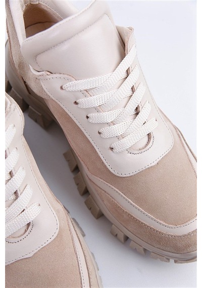 Diora Bej Süet Deri Bağcıklı Kadın Sneakers-Bej