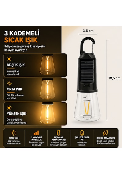 Şarj Edilebilir Led Kamp Lambası 3 Kademeli Sıcak Işık Asma Kancalı Taşınabilir Çadır Ve Acil Durum Lambası