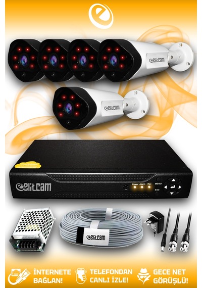 Elitcam 5 Kameralı Uzay 5 Dış Kamera Set HDD'siz Full HD Gece Görüşlü Güvenlik Kamerası Sistemi