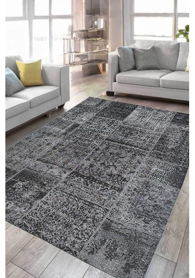 Çam Halı Siesta Patchwork 32-462 Etnik Eskitme Desenli Dokuma Tabanlı Yıkanabilir Şönil Salon Ve Oda Halısı Siyah